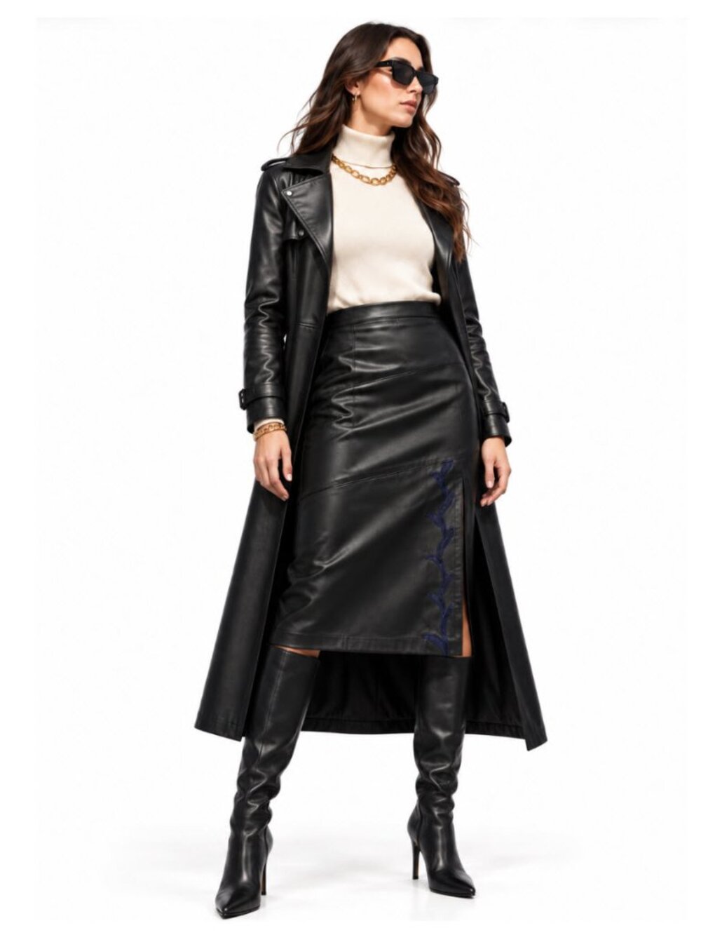 Black Leather Midi Pencil Skirt Navy Embroidered Vine Trim L Y2K Edgy Preppy